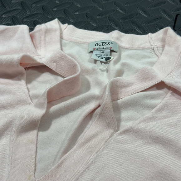 Guess Authentic Sweater Women's Large Pink Knit Cropped V-Neck Thermal Gorpcore - Picture 4 of 8